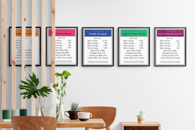 May include: Five black framed cards with white text on colored backgrounds. Each card lists the name of a property from the board game Monopoly, the rent amount, and the cost of houses and hotels.