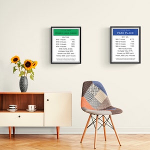May include: Two framed Monopoly property cards, one for "Park Place" with a blue background and one for "Pennsylvania Avenue" with a green background. The cards list the rent prices for each property with and without houses and hotels.