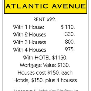May include: A Monopoly game property card for Atlantic Avenue. The card shows the rent is $22, $110 with one house, $330 with two houses, $800 with three houses, $975 with four houses, and $1150 with a hotel. The mortgage value is $130. Houses cost $150 each and hotels cost $150 plus four houses.