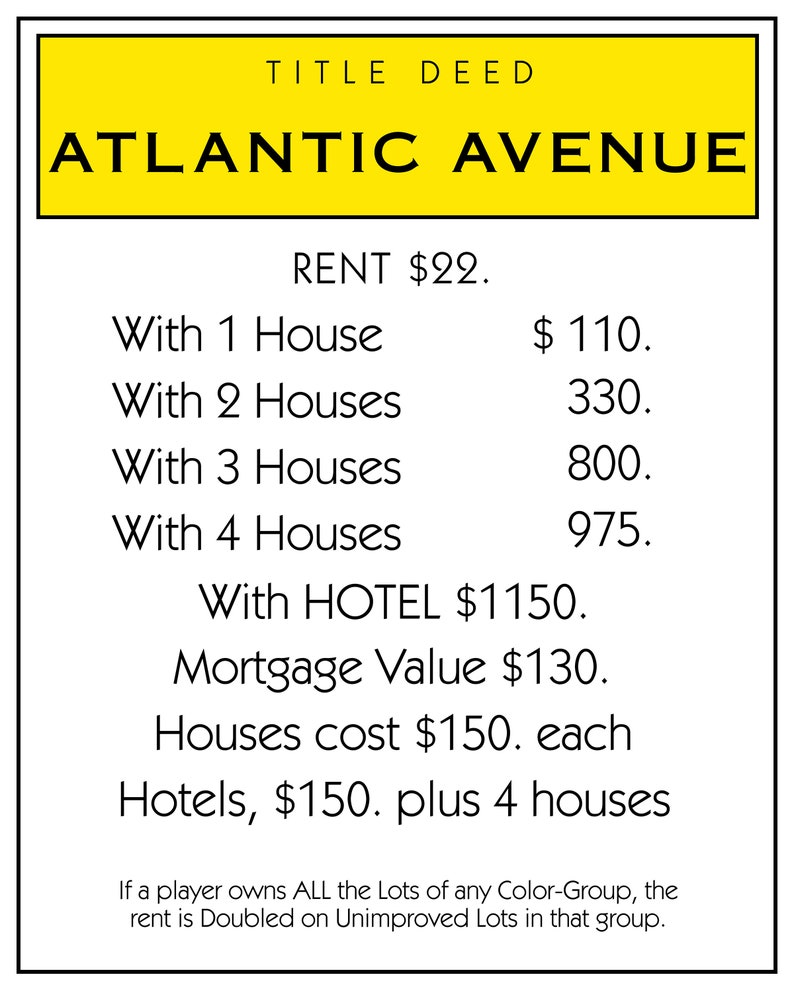 May include: A Monopoly game property card for Atlantic Avenue. The card shows the rent is $22, $110 with one house, $330 with two houses, $800 with three houses, $975 with four houses, and $1150 with a hotel. The mortgage value is $130. Houses cost $150 each and hotels cost $150 plus four houses.