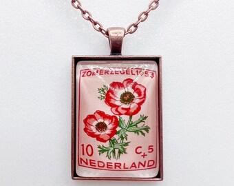 Netherlands Flower Postage Stamp Necklace, Dutch Postage Stamp Pendant, Postage Stamp Jewelry, Netherlands Gift, Netherlands Necklace