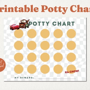 May include: Printable potty chart featuring Lightning McQueen and Mater from Cars. The chart has 20 circles to color in as a reward system for potty training. The text "KA-CHOW!" is at the bottom of the chart.
