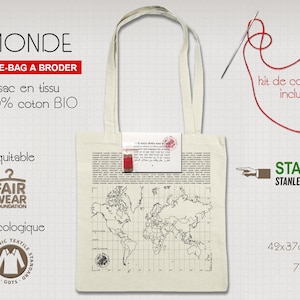Carte du MONDE imprimée sur tote-bag pour tracer son itinéraire au fil du voyage
