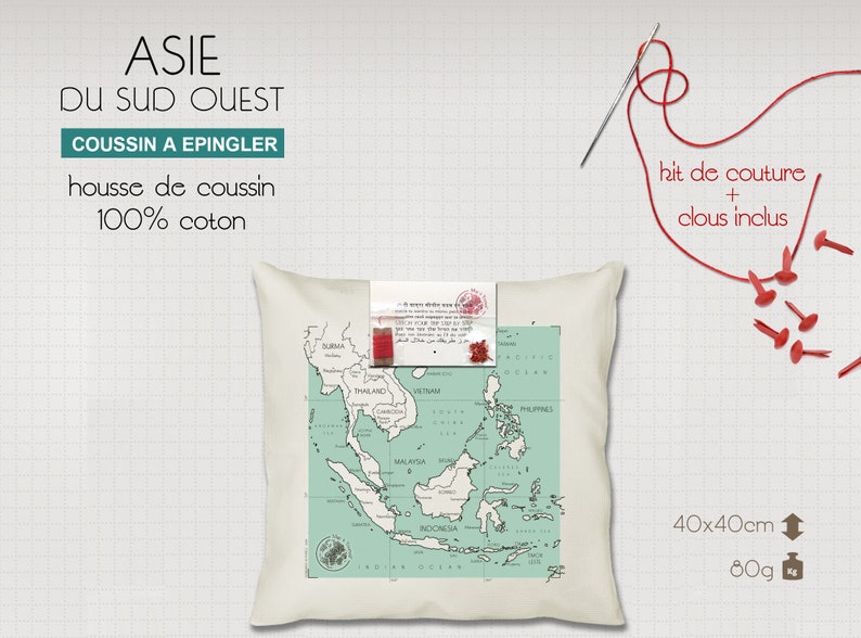 Carte d'ASIE du SUD-EST imprimée sur tote-bag ou coussin pour tracer son itinéraire au fil du voyage image 5