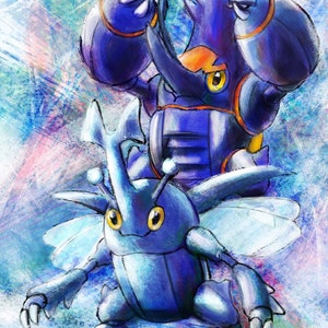 May include: A blue and purple watercolor illustration of two Pokemon, a blue and purple Heracross and a blue and purple Pinsir. The Pokemon are standing on a white and blue background.