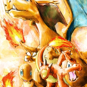 May include: A digital painting of three Pokemon: Charizard, Charmeleon, and Charmander. Charizard is a large, orange dragon-like Pokemon with wings and a long tail. Charmeleon is a smaller, orange lizard-like Pokemon with a spiky tail. Charmander is a small, orange lizard-like Pokemon with a flame on its tail. The Pokemon are all in a dynamic pose, with Charizard in the background and Charmeleon and Charmander in the foreground. The painting is done in a vibrant, colorful style.