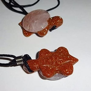 Rose Quartz on Red Goldstone hand carved Turtle 2 stone Crystal Healing Gemstone Pendant and necklace