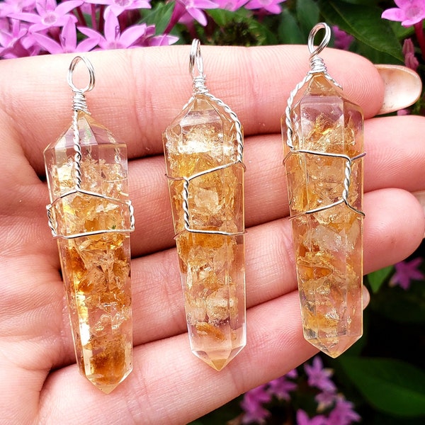 Citrine Crystal Healing Cut wire wrapped Gemstone resin Point Pendant with Metal Bail