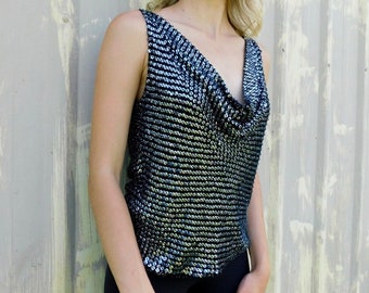 1980s Silk Sequin Beaded Cowl Neck Top by Laurence Kazar size M