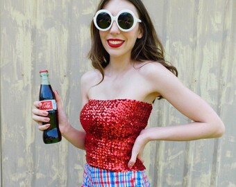 1990s Red/Blue Sequin Stretchy Tube Tops size S-L *TWO AVAILABLE*