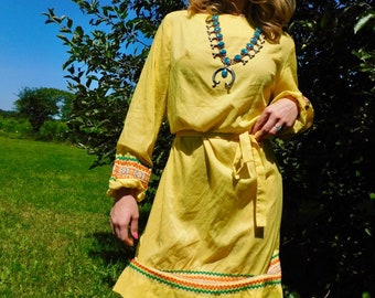 1960s Embroidered Huipil Shift Dress with Tie Belt size M