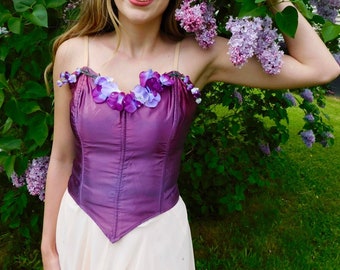Vtg Purple Satin Fairycore Costume Corset Top with Hidden Velcro and Faux Flowers size S/M