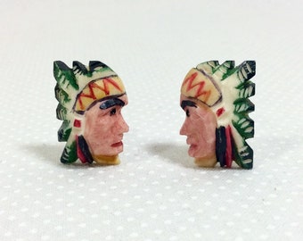 1940s Native American Indian Chief Carved Bone Screw-Back Earrings