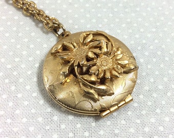 1960s Gold Floral Round 2-Photo Locket on 18 Inch Gold Chain