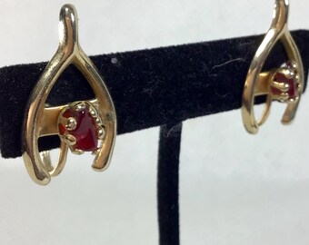 Mid Century Wishbone Screw-Back Earrings with Garnet Look Stones from USA