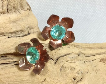 1950s Aquamarine Crystal and Copper Embossed Flower Screw-back Earrings
