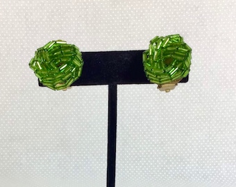 1950s Mid-Century Green Glass Tube Bead Cluster Clip-On Earrings