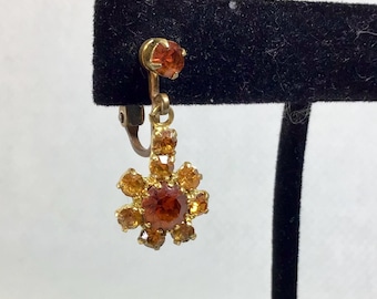Mid Century Austrian Citrine Crystal Rhinestone Clip-On Daisy Earrings