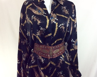 1980s Silk Rhinestone Embellished Western Horse Print Blouse size S-XXL