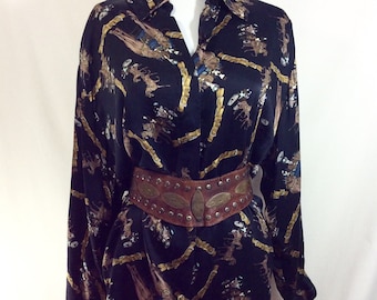 1980s Silk Rhinestone Embellished Western Horse Print Blouse size S-XXL