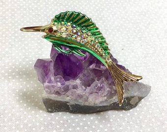 Vintage Swordfish Enamel Brooch with Aurora Borealis Rhinestones