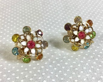 1960s Daisy Rhinestone and Painted Enamel Screw-back Earrings