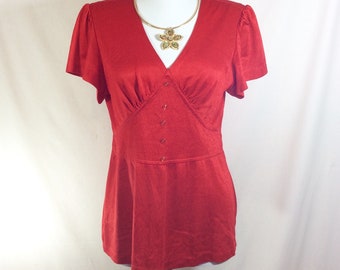 1970s Cherry Red Short Sleeve Blouse with Kimono Style Waistband size S/M