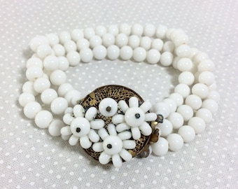 1940s Milk Glass Beaded Multi Strand Flower Cluster Bracelet