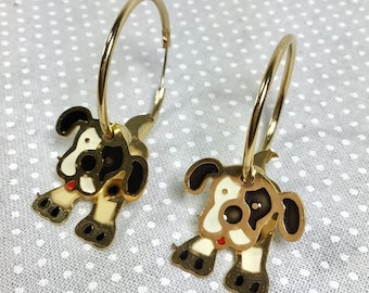 Vintage Playful 1.5” Puppy Wiggly Brass and Enamel Hoop Earrings