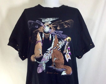 1990s Show Low Rhinestone Howling Wolf Native American Inspired Western Tee size XL