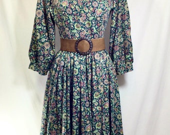 Vtg Paisley Cotton Forest Green Cottagecore Midi Swing Dress size S