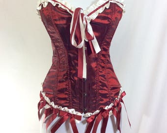 Vintage Crimson Ruffled Overbust Burlesque Corset with Lace-Up Back size S