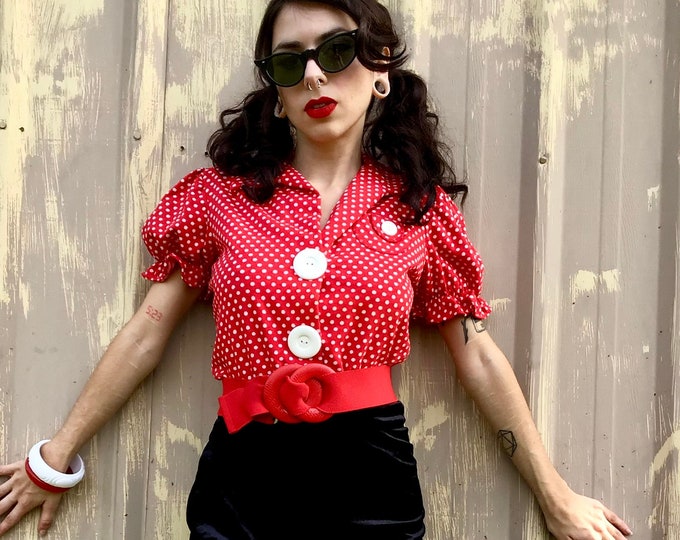Featured listing image: 1970s Cotton Polka Dot Cropped Knit Top with Puff Sleeves size S/M