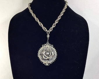 1960s Folk Art Pewter Rose Medallion Pendant Y Necklace on 18” Chain