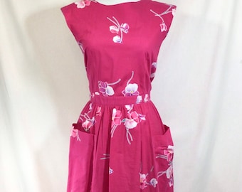 1980s Pink Tropical Dress with Wrap Back Bodice and Cut-Out size S