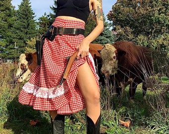 1970s Cotton Gingham Handmade Western Cowgirl Swing Skirt with Lace Ruffle size S/M