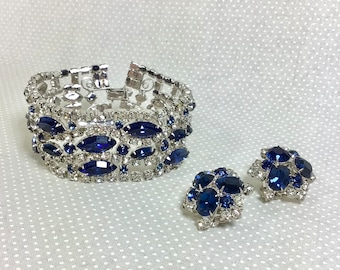 1960s Bracelet/Earring Set with Rhinestones and Faux Sapphire Stones