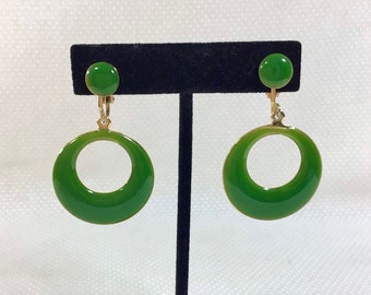 1960s Green Mod Brass and Enamel Dangle Hoop Clip-On Earrings