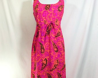 1960s/70s Cotton Paisley Maxi Dress with Drawstring Empire Waist size S/M