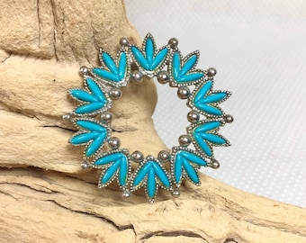 Vtg Southwestern Halo Brooch with Turquoise Squash Blossom Details