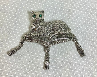 Vtg Kitty Cat Brooch on Faux Marcasite Cushion with Tassels