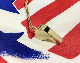 Vtg Functioning Brass Whistle Charm Necklace on 16” Gold Chain