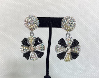 1980s Huge Rhinestone Black and White Pinwheel Post Back Statement Earrings
