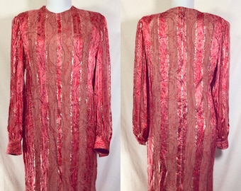 1960s Adele Simpson Metallic Silk Paisley Striped Long Sleeve Dress size M