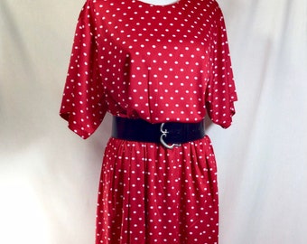 1990s Red Polka Dot Short Sleeve Stretch Dress with Elastic Waist size XL-XXL