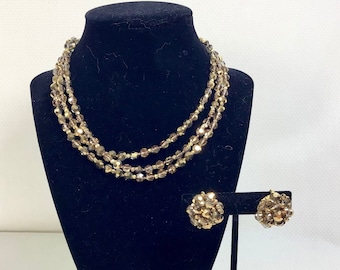 1960s VOGUE Faceted Crystal Bead 3-Strand Necklace and Cluster Earrings Set