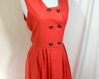 1980s Coral Rayon Romper with Pockets Large Glass Buttons size S/M