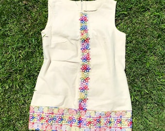 1960s Embroidered Cotton Canvas Flower Power Shift Tunic size M