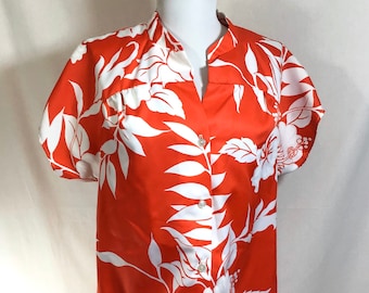 1980s Red Hawaiian Hibiscus Print Button-Up Smock Blouse size L