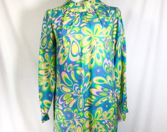 1960s Psychedelic Floral Print Long Sleeve Shift Dress size S/M